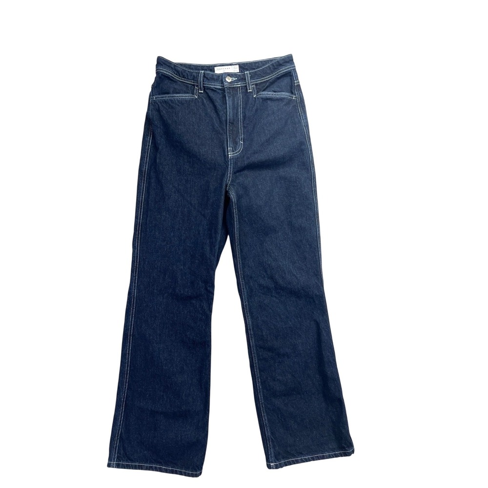 Topshop Kort High Waisted Straight Leg Jeans Indigo Blue Contrast Stitch W30 L30